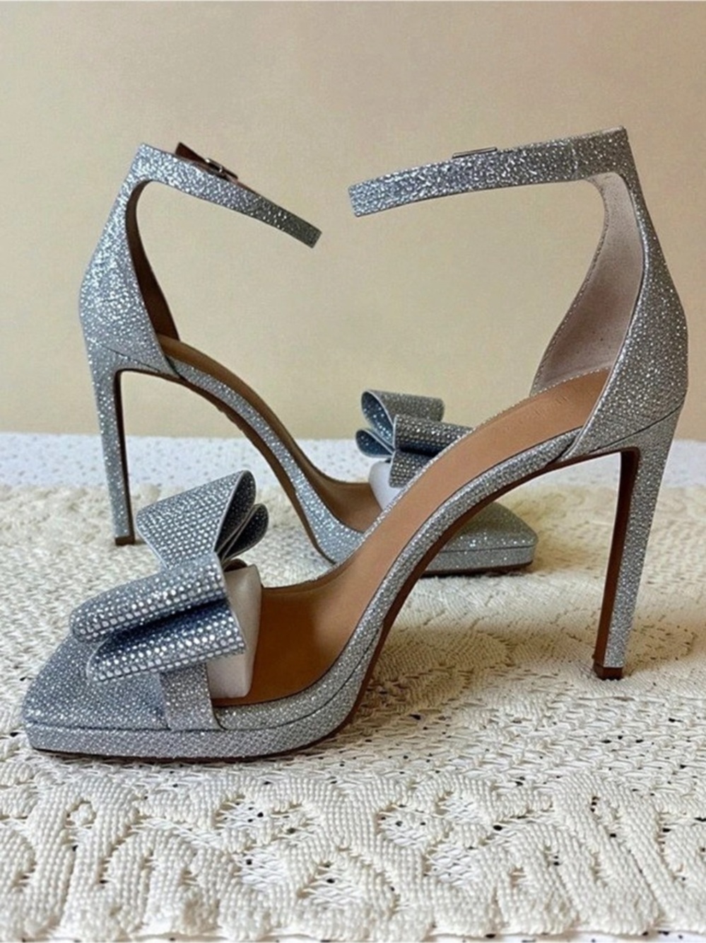 INC Bow-Detail Ankle Strap Heels in Silver